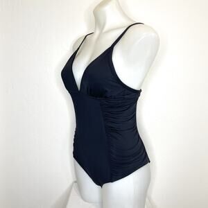 L Space Bella Womens One Piece Swimsuit Womens 8 Black Plunge Ruched Sides